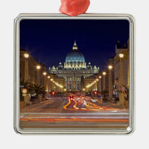 St Peter's Basilica towards end of road at night Metal Ornament