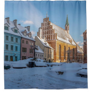 St. Peter's Church in winter in Riga, Latvia Shower Curtain