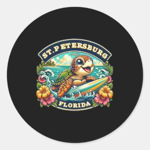 St. Petersberg Florida Cute Sea Turtle Surfing Classic Round Sticker