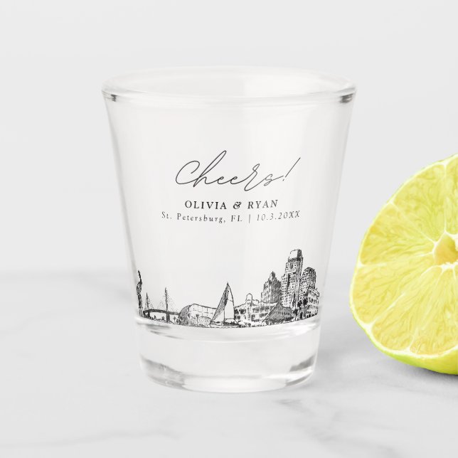 St. Petersburg Wedding Favour Personalised Cheers Shot Glass (Front)
