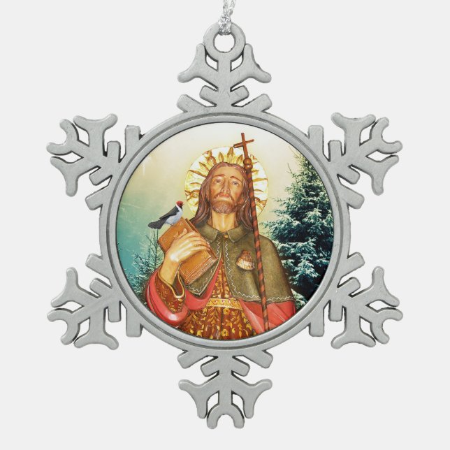 St Rocco Winter Cardinal Pewter Snowflake Ornament (Front)