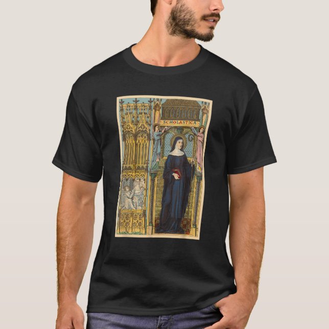 St Scholastica Benedict Catholic Saints Benedictin T-Shirt (Front)