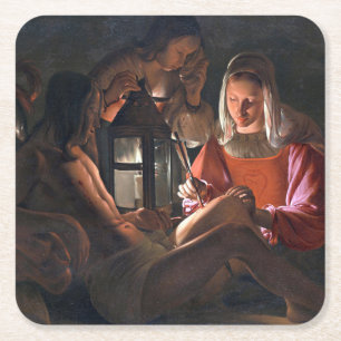 St. Sebastian Embraced by Irene, La Tour Square Paper Coaster