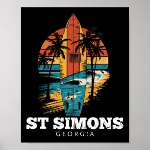 St Simons Beach Georgia Surfboard Surfing Retro Poster