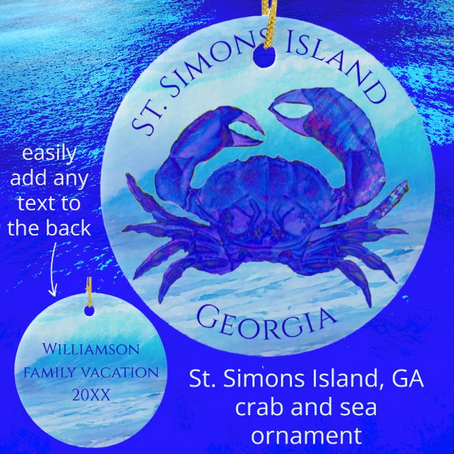St Simons Island, Georgia Crab and Ocean Waves Ceramic Ornament (Creator Uploaded)