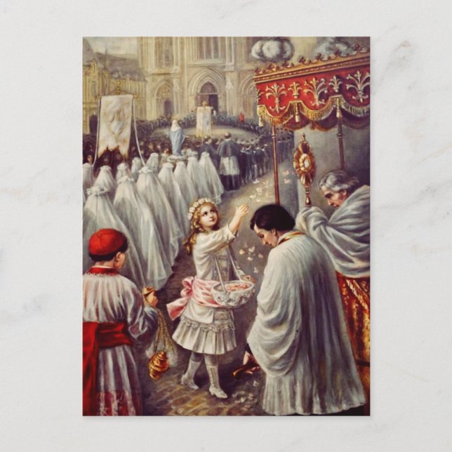 St. Teresa throws flowers to the Blessed Sacrament Holiday Postcard (Front)