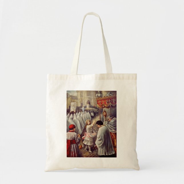 St. Teresa throws flowers to the Blessed Sacrament Tote Bag (Front)