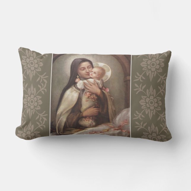 St. Therese Baby Jesus Manger Pink Roses Lumbar Cushion (Front)