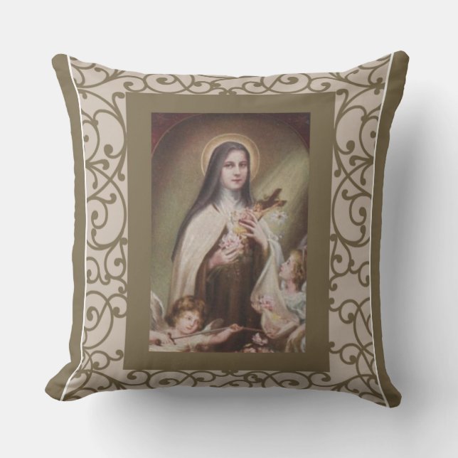 St. Therese Child Jesus Roses Angels Crucifix Cushion (Front)