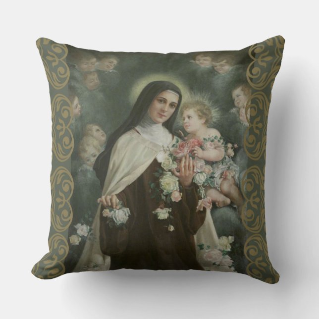 St. Therese Little Flower Angels Cherubs Roses Cushion (Front)