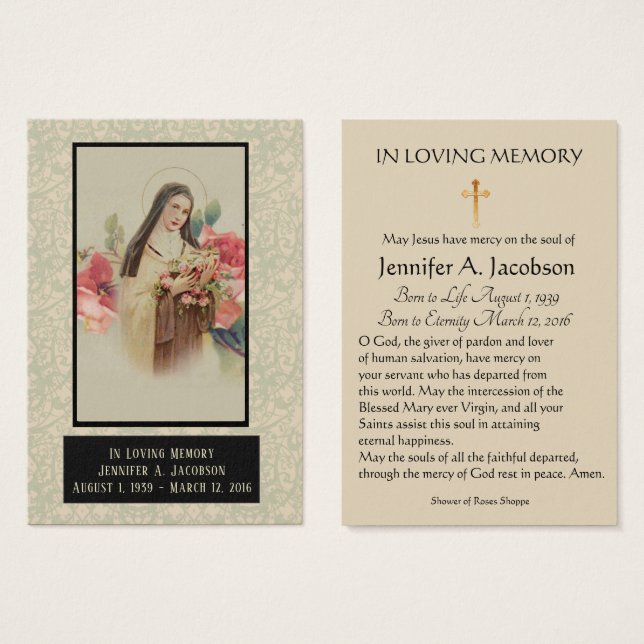 St. Therese of Lisieux Funeral Memorial Holy Card (Front & Back)