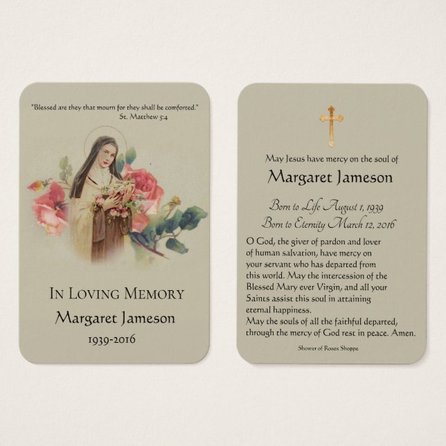 St. Therese Pink Roses Funeral Memorial Holy Card (Front & Back)