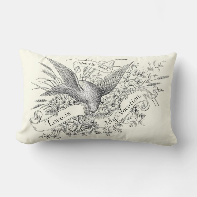 St. Therese Quote with Dove and Black & White Rose Lumbar Cushion (Front)