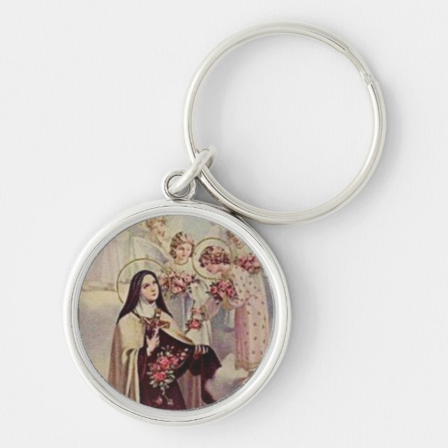 St. Therese the Little Flower Pink Roses Angels Key Ring (Front)