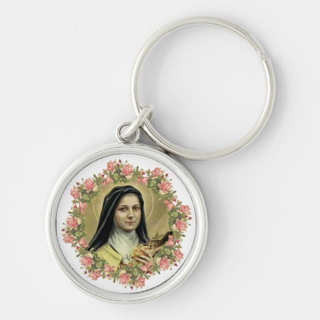 St. Therese the Little Flower Pink Roses Crucifix Key Ring (Front)