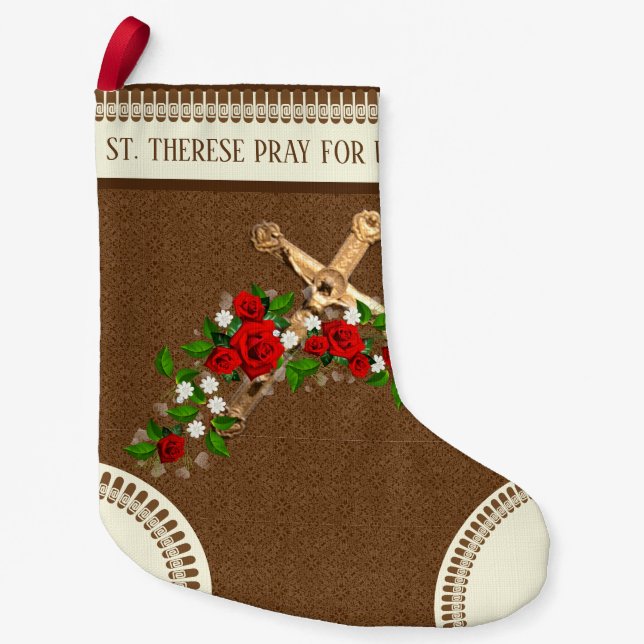 St. Therese the Little Flower Red Roses Crucifix Small Christmas Stocking (Front)