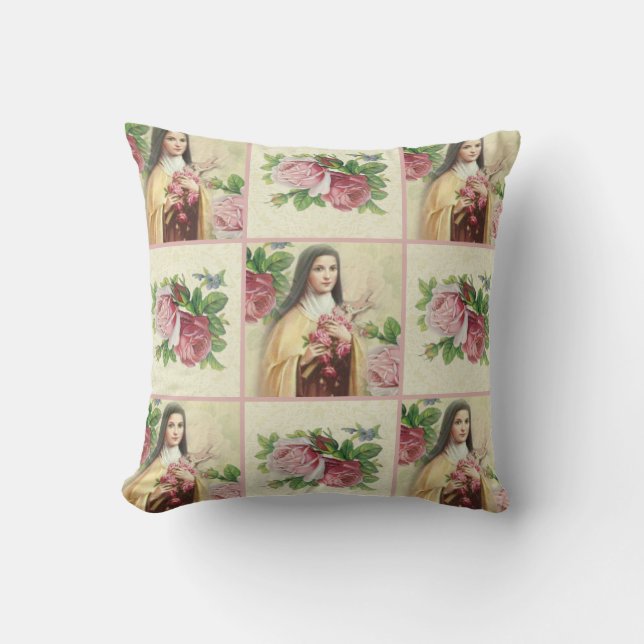 St. Therese the Little Flower w/pink roses Cushion (Front)