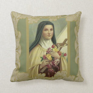 St. Therese the Little Flower w/pink roses Green Cushion