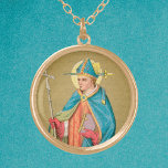 St. Thomas Becket with Sword in Mitre (P 005) Gold Plated Necklace<br><div class="desc">In this full-length portrait from a late 19th-century devotional print, St. Thomas Becket is depicted true to his earliest type: He is depicted in his prime: tall, slim, and clean-shaven. He holds his archiepiscopal cross in his right hand and carries a lectionary or Gospel book in his left. He is...</div>