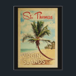 St Thomas Palm Tree Vintage Travel Postcard<br><div class="desc">A uniquely retro mid-century modern St Thomas Virgin Islands art print in vintage travel poster style. It features a curved palm tree on sandy beach with ocean under a blue cloudy sky.</div>