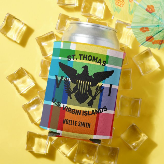 St. Thomas U.S. Virgin Islands Flag (Black) Madras Can Cooler (In Situ Summer)