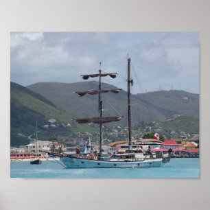 St. Thomas with tall Sail Boat, looks like pirate Poster