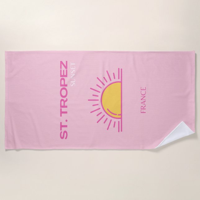St Tropez, France, Sunset, Travel Art, Pink Beach Towel (Front)