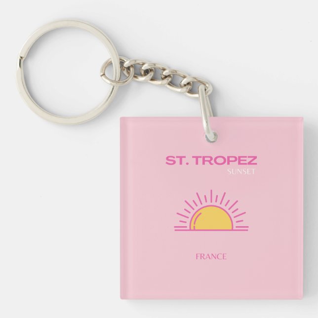 St Tropez, France, Sunset, Travel Art, Pink Key Ring (Front)