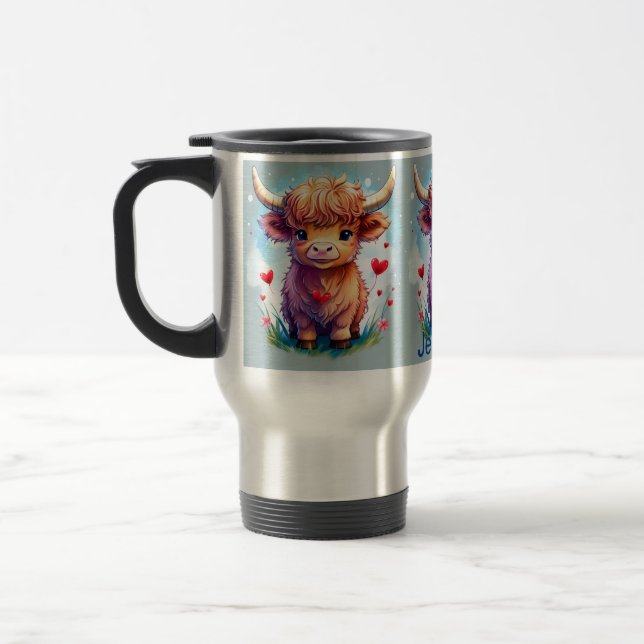 St Valentine’s Day Highland Cow, Highland Cow,  Travel Mug (Left)