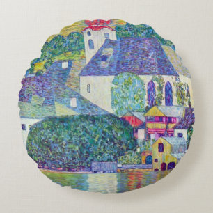 St. Wolfgang Church by Gustav Klimt, Victorian Art Round Cushion