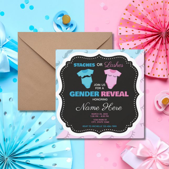 Staches Lashes Pink Blue Gender Reveal Invitation (Creator Uploaded)