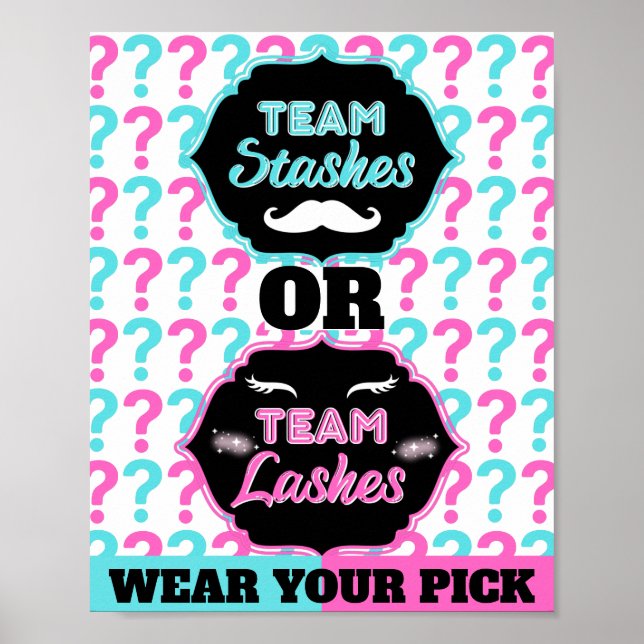 Staches or Lashes Gender Reveal Baby Shower Party Poster (Front)
