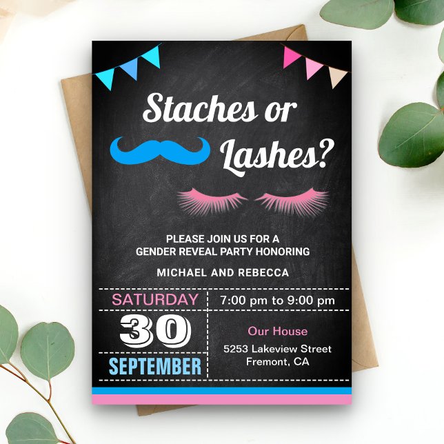 Staches or Lashes Gender Reveal Party Invitation (Creator Uploaded)