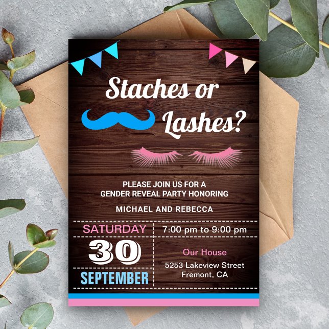 Staches or Lashes Gender Reveal Party Invitation (Creator Uploaded)
