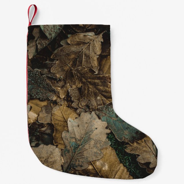 Stack of assorted leaves photo small christmas stocking (Front)