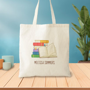 Stack of Books and Open Book Custom Name Tote Bag
