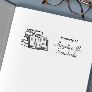 Stack of Books and Open Book Etched Bookplate Self-inking Stamp