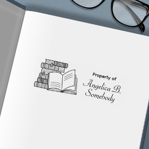 Stack of Books and Open Book Etched Bookplate Self-inking Stamp