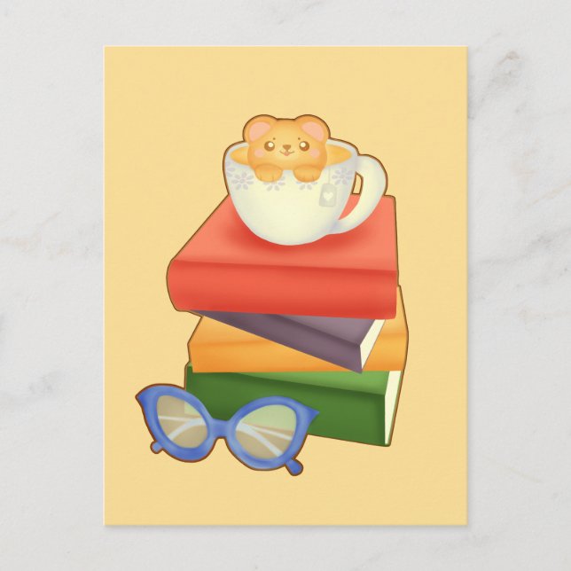 Stack Of Books And Tea Cup Bear  Postcard (Front)