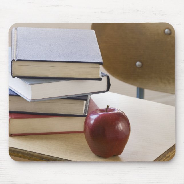 Stack of books, apple, and school desk mouse pad (Front)