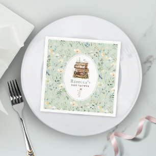 Stack of books baby shower watercolor, wildflower napkin