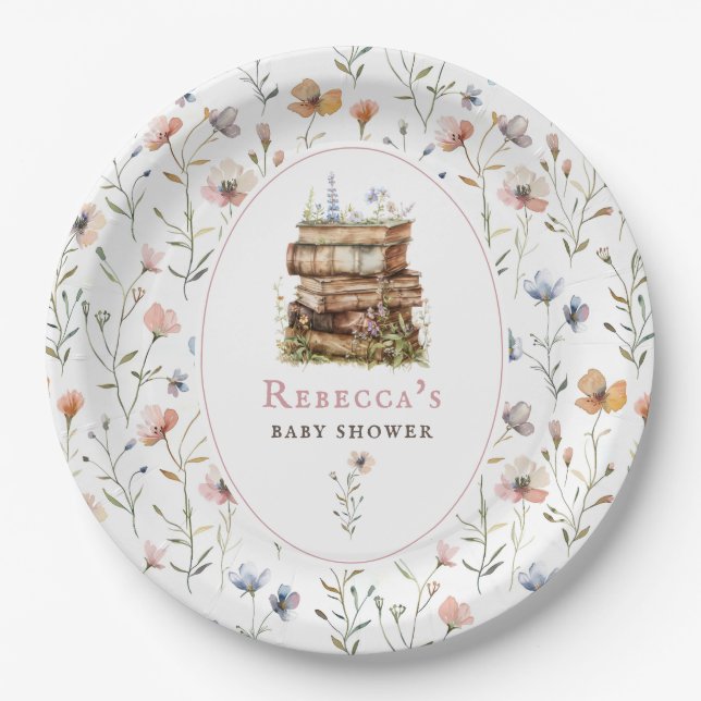 Stack of books baby shower watercolor, wildflower paper plate (Front)