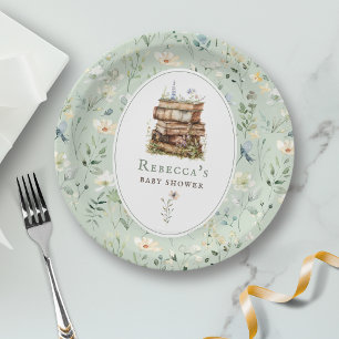 Stack of books baby shower watercolor, wildflower paper plate