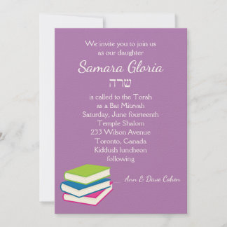 Stack of Books Bat Mitzvah Invitation with Sarah