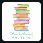 Stack of Books Library Bookplate Square Sticker<br><div class="desc">This cute watercolor stack of books sticker can be customised for any wording.  This bookplate makes the perfect gift for teachers and book lovers alike!</div>
