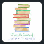 Stack of Books Library Bookplate Square Sticker<br><div class="desc">This cute watercolor stack of books sticker can be customised for any wording.  This bookplate makes the perfect gift for teachers and book lovers alike!</div>