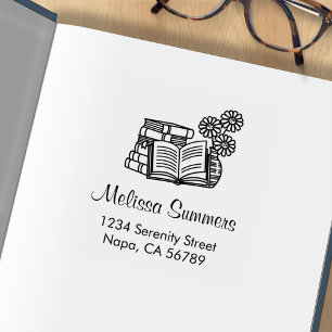 Stack of Books, Open Book, Flowers Address Rubber Stamp