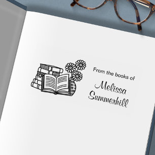 Stack of Books, Open Book, Flowers - Bookplate Self-inking Stamp