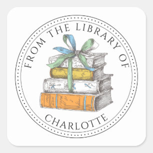 Stack of Books Personalized Bookplate Square Sticker