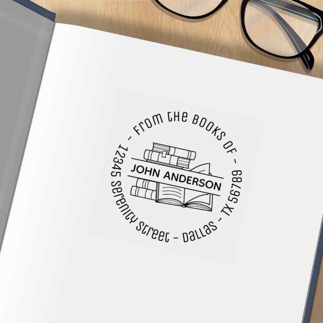 Stack of Books Round Address Bookplate 2 Rubber Stamp (Creator Uploaded)